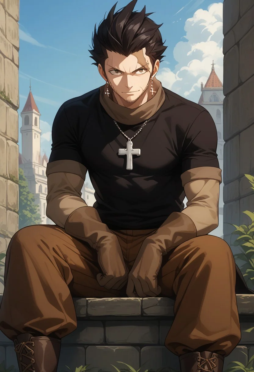 score_9, score_8_up, score_7_up, source_anime, rating_safe, Siltail, 1boy, male focus, silver cross earrings, black Tartaros shirt, brown pants, brown gloves, brown boots, sitting,