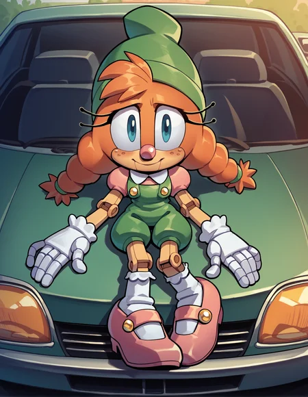 zPDXL, score_9, score_8_up, score_7_up, score_6_up, score_5_up, score_4_up, 1girl, solo, <lora:hand 4:0.8>, full body, blush, light smile, looking at viewer, (Sitting, on car),
<lora:Belle_v0-2-18:0.8> belle \(sonic\), orange fur, blue eyes, freckles, robot, puppet, tail, doll joints, twin braids, hat, big nose, pink nose, white gloves,
green hat. overalls, green overalls, pink shirt, juliet sleeves, puffy sleeves, white socks, pink footwear, mary janes,
<lora:EvanStan:0.8> evnstnly