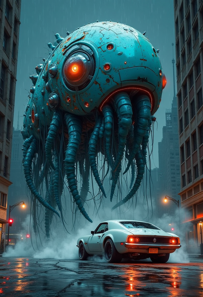 YFG-Zaat retro dark vintage sci-fi : : 2D matte dark gouache illustration : : dark ancient cerebral jellyfish guardian : : 4k symmetrical portrait : : style of beksinski muscle car, city lights, night rain washed streets, reflections