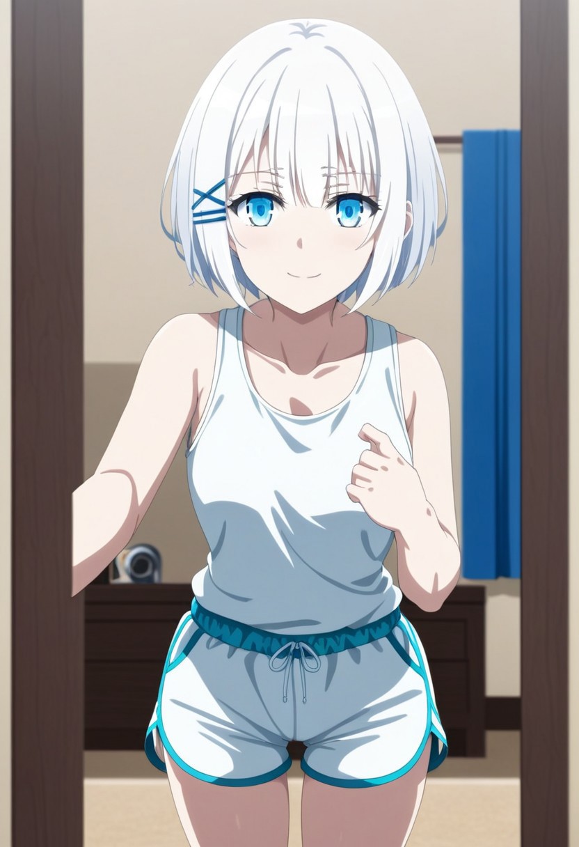 White hair, short hair, blue eyes, xhairclip hairclip, eye catching, siesta, full body,
((best quality)),((highly detailed)),masterpiece,absurdres,detailed face,beautiful face,(detailed eyes, deep eyes),1girl,((dynamic pose))  solo, blue eyes, smile, short hair, white hair, hairclip, x hair ornament, meduim breasts, bangs,looking at viewer,tank top, dolphin shorts, dolphin_shorts, MirrorSelfie, anime, mirror selfie, holding phone, cowboy shot