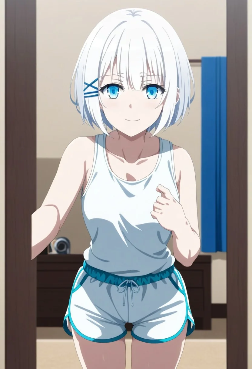 White hair, short hair, blue eyes, xhairclip hairclip, eye catching, siesta, full body,
((best quality)),((highly detailed)),masterpiece,absurdres,detailed face,beautiful face,(detailed eyes, deep eyes),1girl,((dynamic pose)) solo, blue eyes, smile, short hair, white hair, hairclip, x hair ornament, meduim breasts, bangs,looking at viewer,tank top, dolphin shorts, dolphin_shorts, MirrorSelfie, anime, mirror selfie, holding phone, cowboy shot