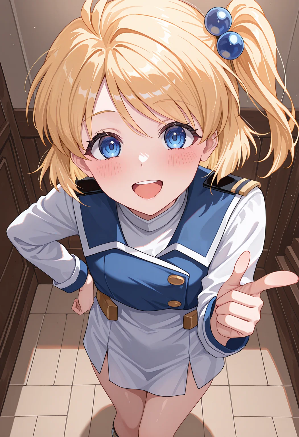 highres, best quality, masterpiece, indoors,
1girl, solo, srtprecia, blonde hair, side ponytail, one side up, hair ornament, hair bobbles,
presrtdef, military dress, white dress, blue vest, long sleeves,
looking at viewer, blush, smile,
pointing, upper teeth only, from above,
<lora:_precia_xenosakis-elesico-ilxlA:1>