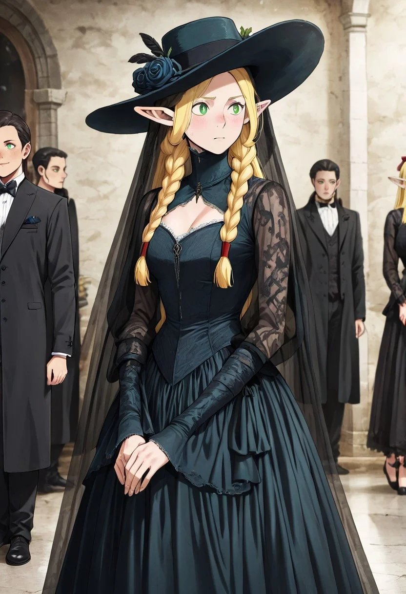 masterpiece, best quality, newest, absurdres, highres, anime, anime style, VGE-V1.0, goth fashion, victorian, solo, solo focus, female focus,
1girl, marcille_donato \(dungeon_meshi\), elf, pointy ears, green eyes, blonde,
hat, round hat, veil, dress, formal,