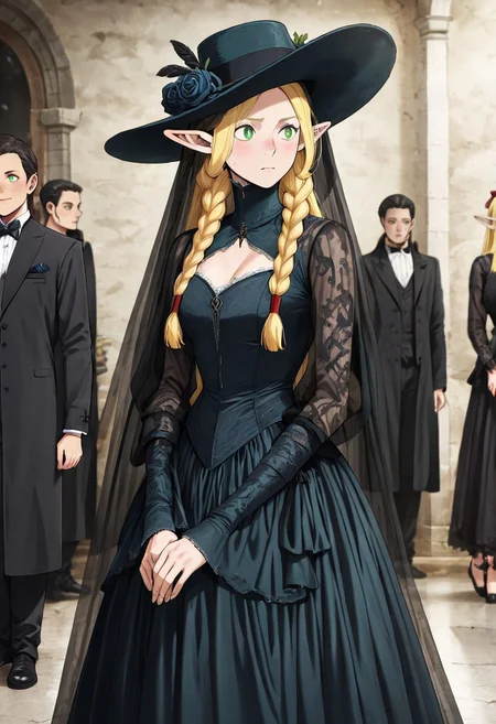 masterpiece, best quality, newest, absurdres, highres, anime, anime style, VGE-V1.0, goth fashion, victorian, solo, solo focus, female focus,
1girl, marcille_donato \(dungeon_meshi\), elf, pointy ears, green eyes, blonde,
hat, round hat, veil, dress, formal,