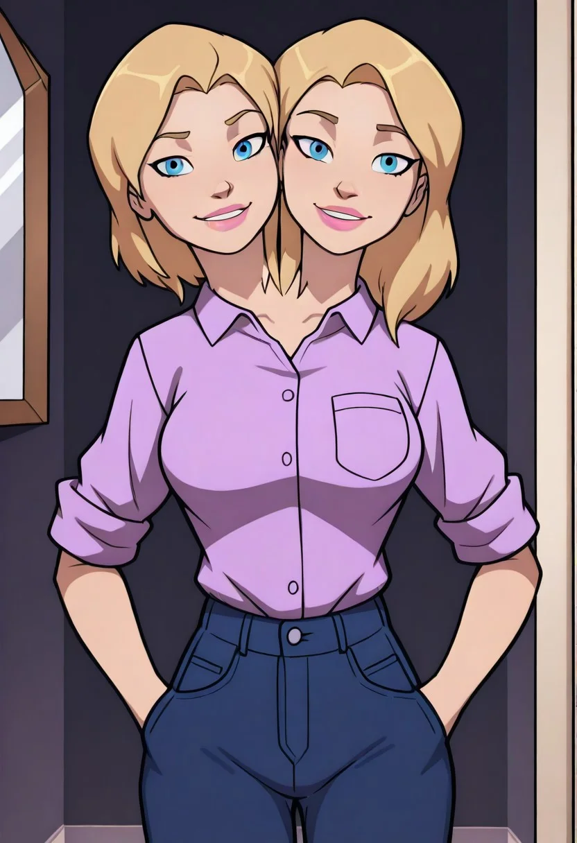 masterwork, masterpiece, absurdres, 8k, uhd, high detailed face, absolutly gorgeous, (high detailed eyes, perfect eyes), dynamic angle, dynamic light, eye focus, <lora:Young-Justice-Style-DE:1>, YJ-Styl3, 1girl (two heads, conjoined), short hair, looking at viewer, medium breasts, smile, blue eyes, shirt, blonde hair, parted lips, collared shirt (wide collar), pants, medium hair, lips, denim, pocket, jeans, mirror, purple shirt, blue pants, pink lips, hands in pockets, breast pocket, animification, standing, cowboy shot, indoors, sleeves rolled up, masterpiece, best quality, amazing quality, masterwork, cinematic light, harsh shadows, light and shadows, perfect composition