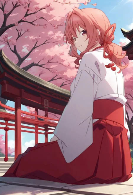 score_9, score_8_up, score_8, day, shrine background, spring, cherry trees, 1girl, amagami, pink_eyes, pink_hair, long_hair, hair_intakes, red_ribbon, hair_ribbon, japanese_clothes, hakui, hakama_skirt, red_hakama, sitting on a bench in a shrine, opening pokémon booster packs,
