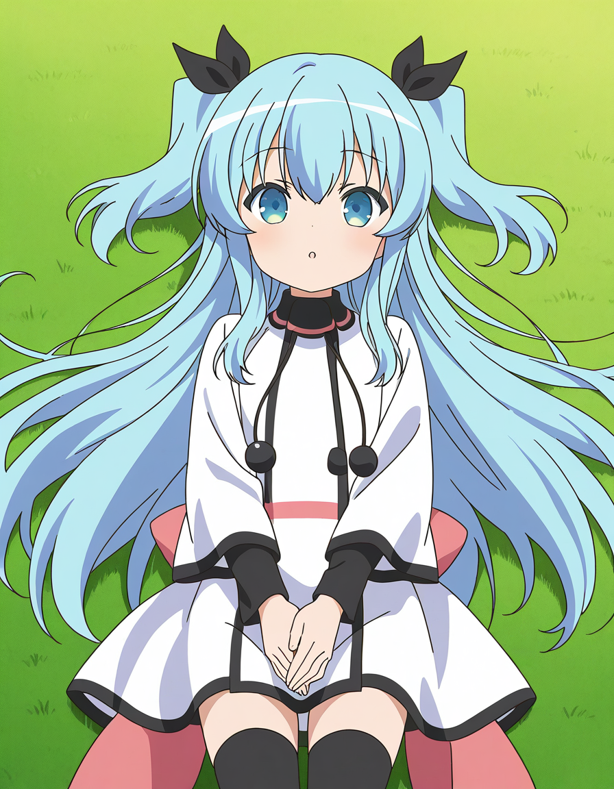general,highres, ultra-detailed,very aesthetic,best quality ,best hands,  BREAK,  <lora:Noel_IS:1>  Noel, 1girl,solo, long hair, blue hair, two side up, blue eyes, hair ribbon, black ribbon,bangs, 2020s (style), anime coloring,
 thighhighs, dress, white dress, black thighhighs, lying, on back, long sleeves, looking at viewer, smile,
very long hair, own hands together, hair between eyes, black ribbon, parted lips, :o,
sky, grass,