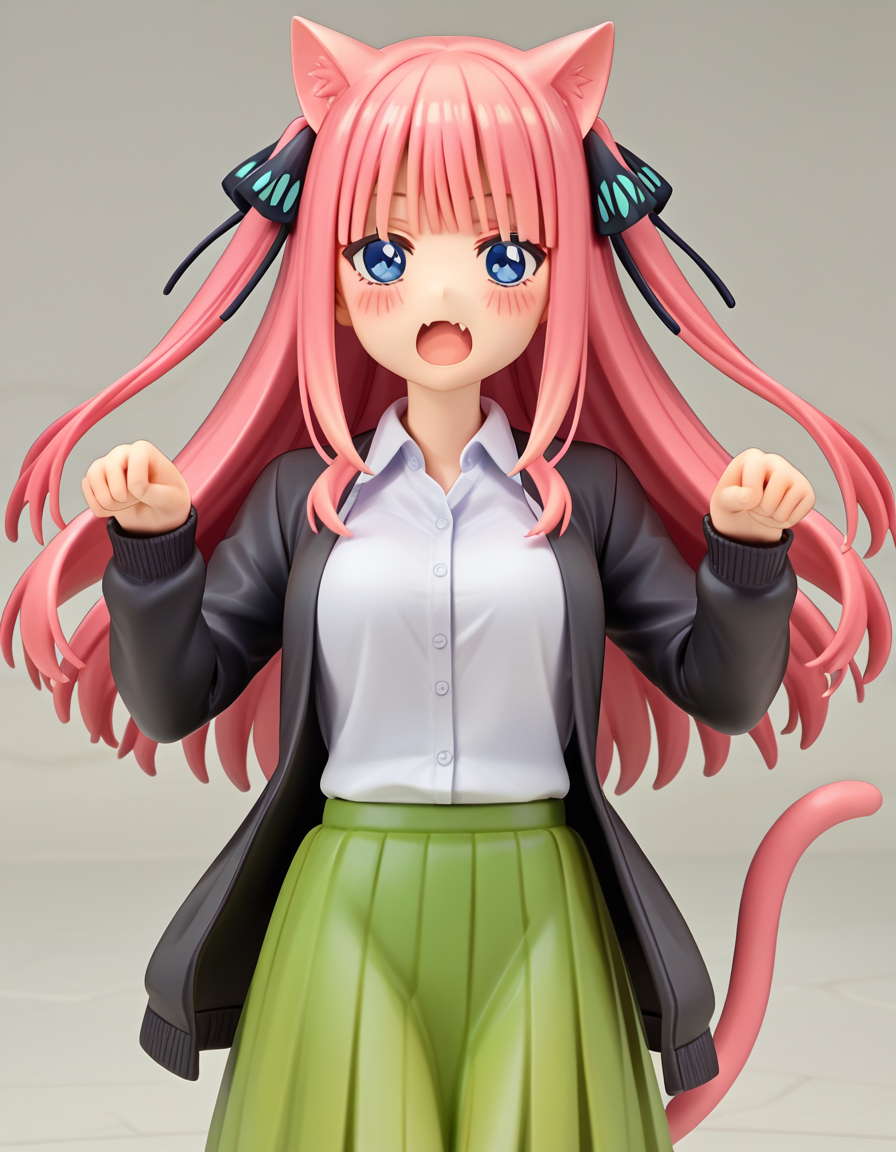 score_9, score_8_up, score_7_up, source_anime,
ninonakano, <lora:nino-nakano-s2-ponyxl-lora-nochekaiser:0.5>, 
nino nakano, long hair, bangs, blue eyes, hair ornament, hair ribbon, pink hair, blunt bangs, two side up, butterfly hair ornament, mature female,
skirt, shirt, long sleeves, white shirt, pleated skirt, open clothes, collared shirt, sleeves past wrists, dress shirt, cardigan, green skirt, open cardigan, black cardigan,
<lora:alter-figurines-ponyxl-lora-nochekaiser:1>, alter figurine, 1girl, blush, solo, <lora:paw-pose-ponyxl-lora-nochekaiser:0.5>, paw pose, cat ears, cat tail, animal ears, tail, cat girl, open mouth, fang, whiskers,