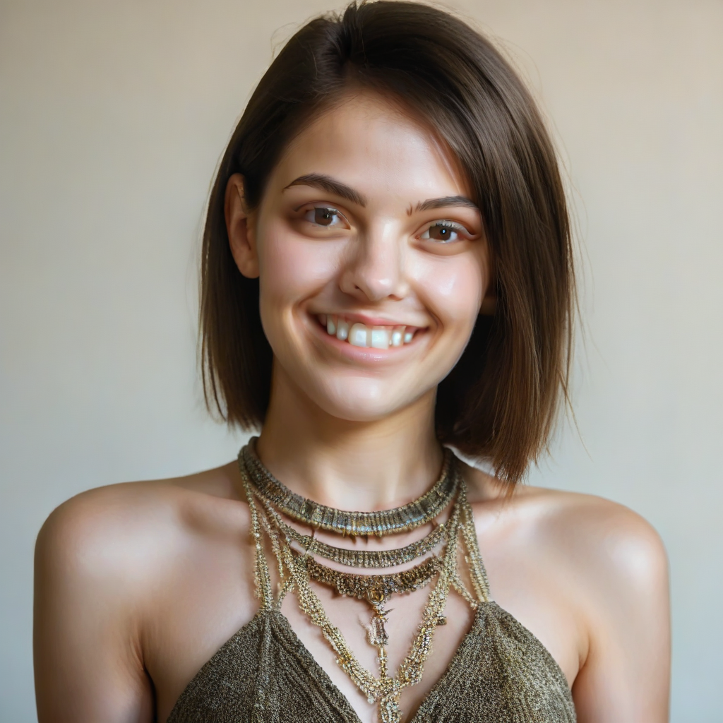 jewelry, brown eyes, looking at viewer, looking to the side, grin, bare shoulders, upper body, realistic, head tilt, portrait