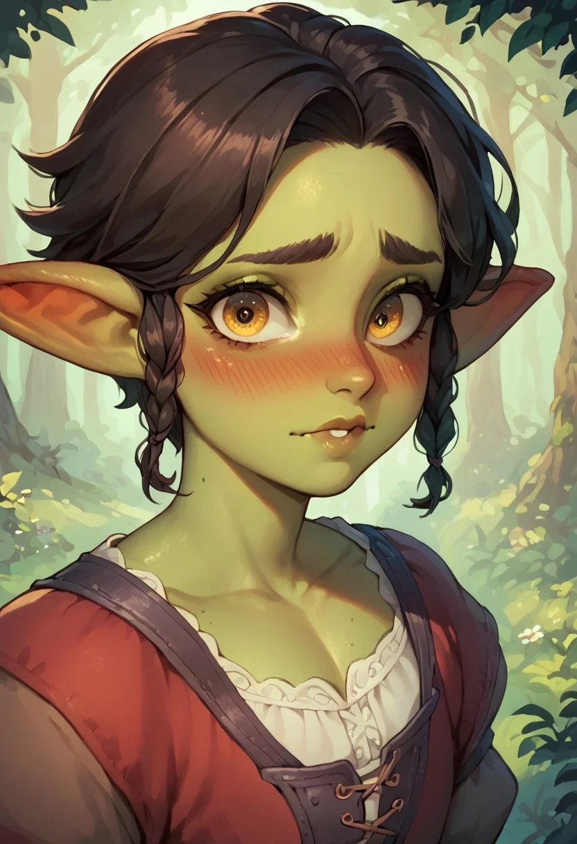 score_9, score_8_up, score_7_up, score_6_up, goblin boy, femboy, 1boy, solo, green skin, embarassed, blushing, looking at viewer, medieval villager clothes, beautiful face, beautiful eyes, expressive eyes, great forest scenario, great forest background