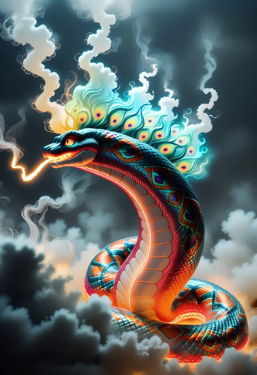 Peacock, snake peacock, intense action, (smoke and fog:1.1), dramatic lighting, dynamic poses, high detail, cinematic, tension-filled atmosphere, vibrant colors, explosive energy.