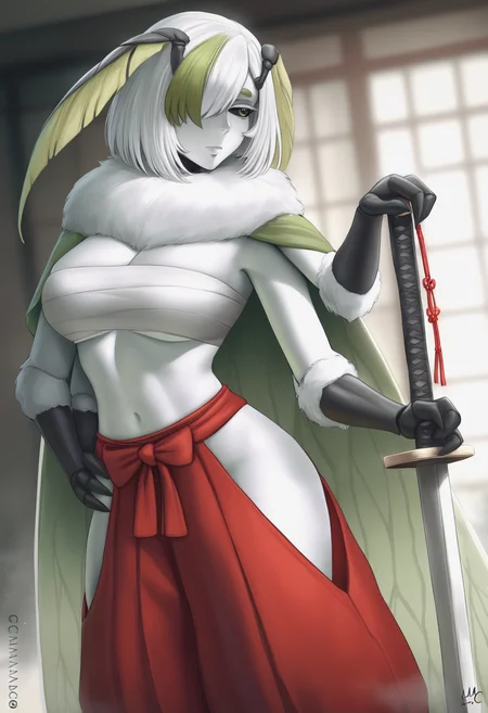 (sciamano240:0.7), masterpiece, best quality, <break> solo, 1girl, juniperactias, monster girl, arthropod girl, moth girl, white skin, insect wings, extra arms, fewer digits, carapace, expressionless, looking away, standing, holding sword, hand on hilt, planted sword, hand on own hip, long hair, multicolored hair, white hair, green hair, hair over one eye, antennae, green eyes, black sclera, fur collar, haori, chest sarashi, red pants, hakama pants, hip vent, stomach, cleavage, large breasts
<segment:yolo-Anzhc Face seg 640 v2 y8n.pt,0.4,0.5//cid=1>
