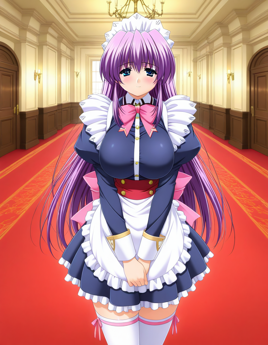 general,highres, ultra-detailed,very aesthetic,best quality ,best hands,  BREAK <lora:Mikado_Shizuru_IS:1> Mikado_Shizuru, 1girl, purple hair, long hair, blue eyes, maid, large breasts, maid headdress, apron, frills, 
 solo, thighhighs, bow, blush, long sleeves, zettai ryouiki, white thighhighs, own hands together, puffy sleeves, pink bow, juliet sleeves, light smile, pink ribbon, red belt,
dress, ribbon, standing, skirt, 
Western-style room, red carpet,