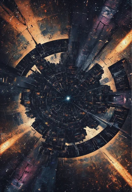 retro scan of a faded vintage 80s sci-fi ethereal scene. Towering above the Earth, massive floating structures rise high into orbit, their forms ghostly and blurred as if viewed through the worn lens of an old scanner. These round, sci-fi residential blocks sprawl like chaotic webs, riddled with exposed cables, dimly glowing panels, and densely packed windows that flicker faintly with pastel neon hues. The buildings are a mix of sleek, retro-futuristic technology and weathered neglect, some surfaces gleaming with polished metals while others show patchwork repairs of rusted, mismatched materials. Pipes and conduits twist across their facades, while clusters of satellite dishes and broken antennas protrude at odd angles.
printed on faded 80s sci-fi book artwork, its colors washed out and grainy. The dark expanse of space looms ominously in the background, punctuated by faint traces of spectral neon gradients blending into lo-fi pastel blues, pinks, and oranges. Between the floating blocks, strands of illuminated cables stretch like glowing spiderwebs, their light dim and uneven, evoking a nostalgic sense of a once-thriving, now-forgotten future.
its ethereal light barely illuminating the sprawling structures. The fusion of decayed, futuristic architecture and the melancholy beauty of dark space creates an atmosphere of haunting serenity, like a forgotten dream of humanity's grand ambitions, now faded into the haze of time.