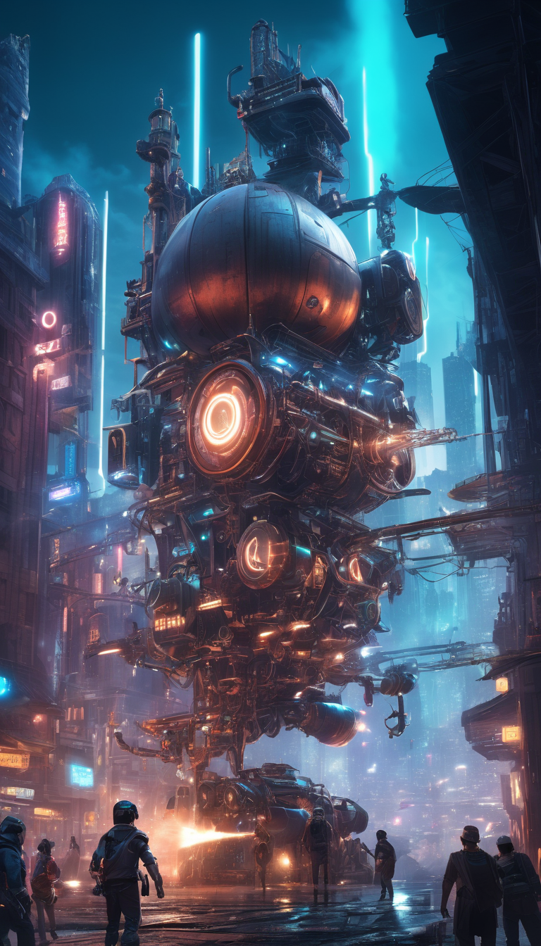Cinematic scene, hero view, a futuristic cityscape with neon lights and steam-powered machines, action pose, detailed background, masterpiece, best quality, high quality, absurdres, steampunk <lora:steampunk_xl_v1:1>