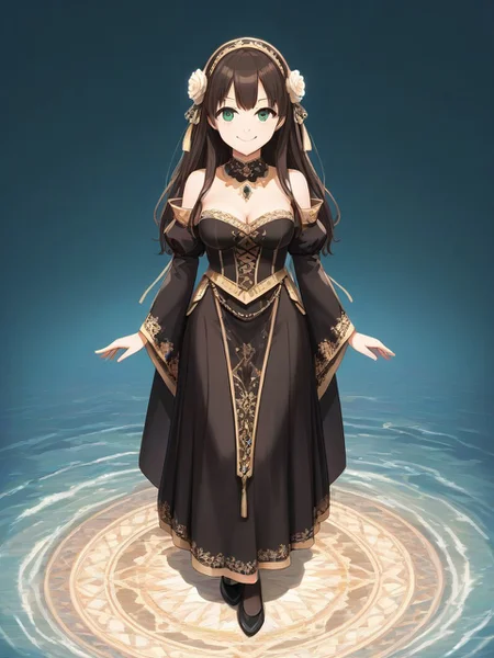 1girl, black cloth, smile, top view, looking to viewer, full body, focus full body, masterpiece, best quality, very aesthetic
