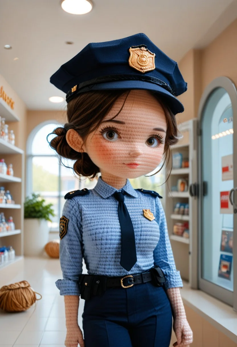 (mall cop), sscore_9, score_8_up, score_7_up, 1girl, brown hair, hair bun, solo, hat, uniform, necktie, single hair bun, belt, pants, shirt, looking at viewer, (score_6_up, score_5_up), solo, standing, source_anime, conceptart, (indoors, Police Department Office), WORLD MORPH CROCHET.