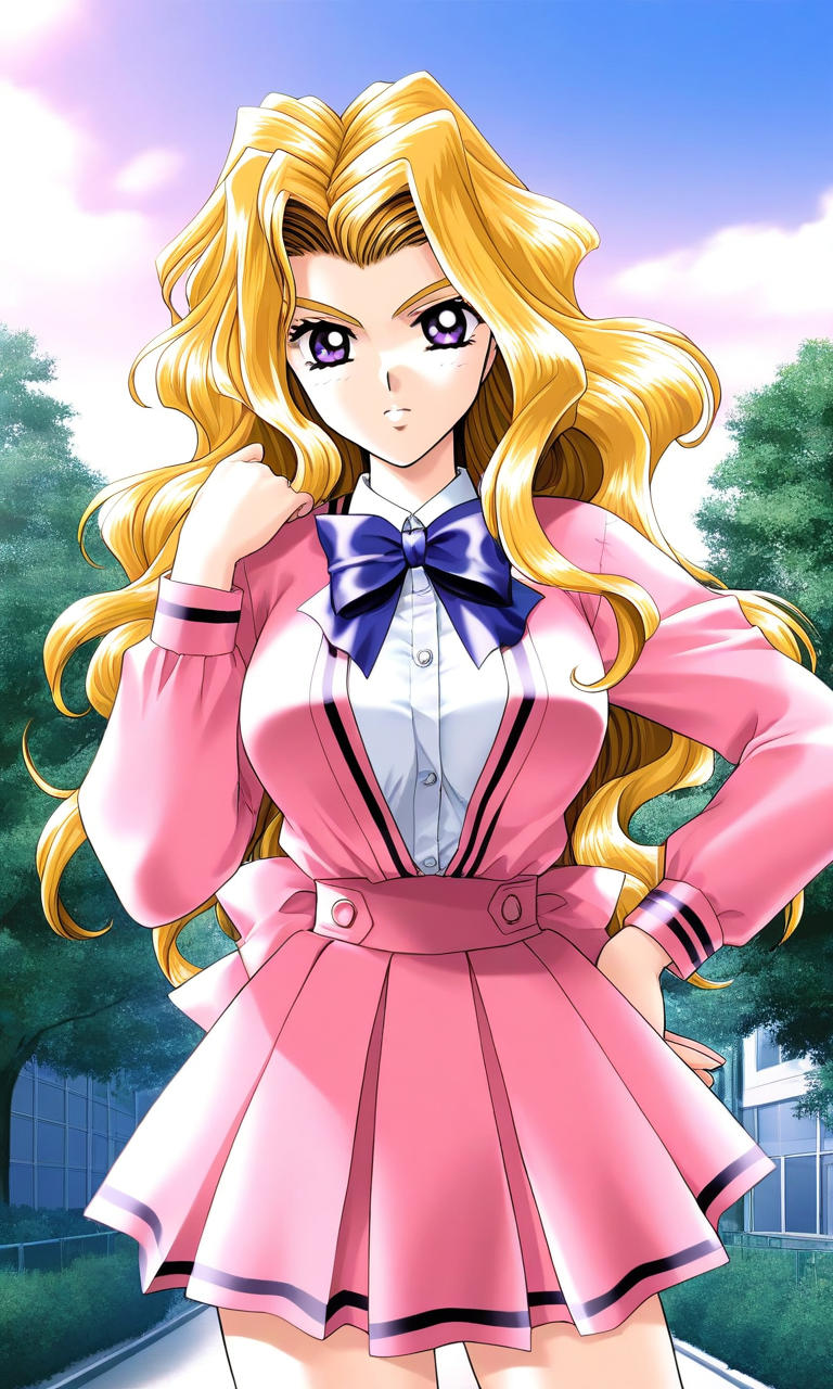 general,highres, ultra-detailed,very aesthetic,best quality ,best hands, BREAK <lora:Shindou_Reiko_kakyuusei_Ver2.0_IS:1>
Shindou_Reiko(kakyuusei), 1girl, solo, blonde hair, long hair, purple eyes, large breasts, wavy hair, pink skirt, school uniform, long sleeves, pink jacket,
sky, outdoor, hand on hip, long sleeves, looking at viewer,
cowboy shot,  pleated skirt,