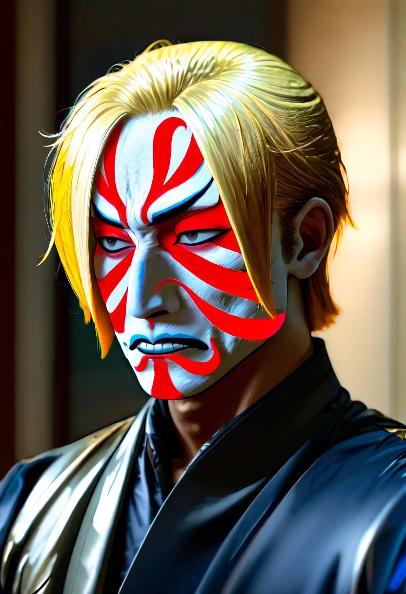 masterpiece, best quality, newest, absurdres, highres, anime, anime style, Kabuki-Makeup-IL.V1.0, makeup, facepaint, 1boy, Sanji/(one piece/), blonde, blonde hair, yellow nectike, suit, formal clothes