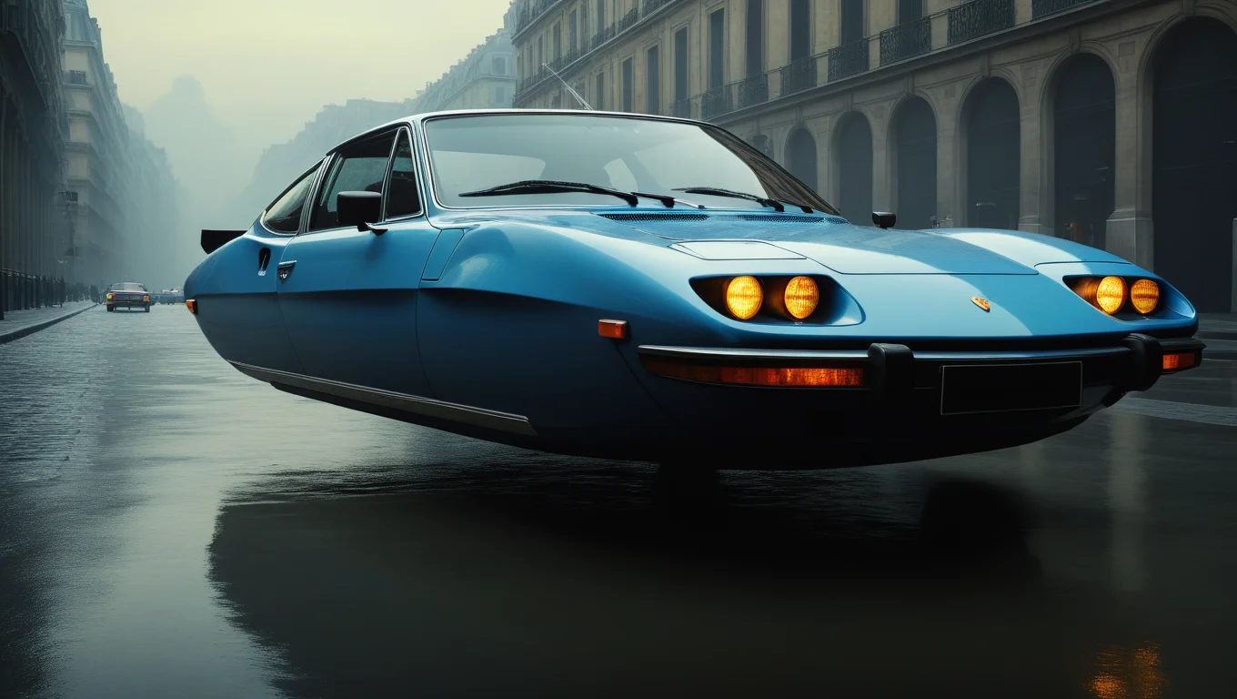 ligth blue hovering car, <lora:Hovering_Car_SDXL_v1:1>Hovering_Car,french make, 1979, city streets, no wheels, (1970s automobile) hyper realistic, 16k, cinematic lighting, wide shot, f/3.6, gotham city background, gloomy, haze, perfect composition, beautiful detailed intricate insanely detailed octane render trending on artstation, 8 k artistic photography, photorealistic concept art, soft natural volumetric cinematic perfect light, chiaroscuro, award - winning photograph, masterpiece, oil on canvas, raphael, caravaggio, greg rutkowski, beeple, beksinski, giger