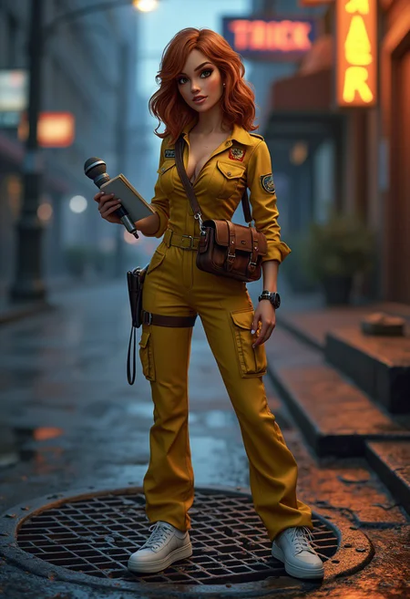 A photorealistic image of a woman resembling April O'Neil from * Mutant Ninja Turtles*. She has a strikingly beautiful, athletic figure with toned curves, huge breasts, a slim waist, and a confident stance. Her shoulder-length auburn hair is styled in soft waves, framing her face with bright, intelligent eyes and a warm, determined expression. She is wearing her signature yellow jumpsuit, perfectly fitted to her body, with the zipper slightly undone at the top for a casual yet professional look. The jumpsuit features utility pockets and a matching belt, emphasizing her practical and adventurous personality. She pairs this with white sneakers and a vintage brown leather shoulder bag slung across her torso, containing a notepad, a microphone, and other reporter essentials. The setting is an urban street at dusk, with the faint glow of neon signs reflecting off wet pavement. She is standing near a manhole cover, holding a handheld microphone in one hand and a notepad in the other, as if she's in the middle of investigating a story. The lighting is cinematic, with a mix of cool blues and warm orange hues highlighting her figure and creating a dramatic yet grounded atmosphere. The scene captures her intelligence, bravery, and charm, bringing the animated character to life in a realistic, modern context.