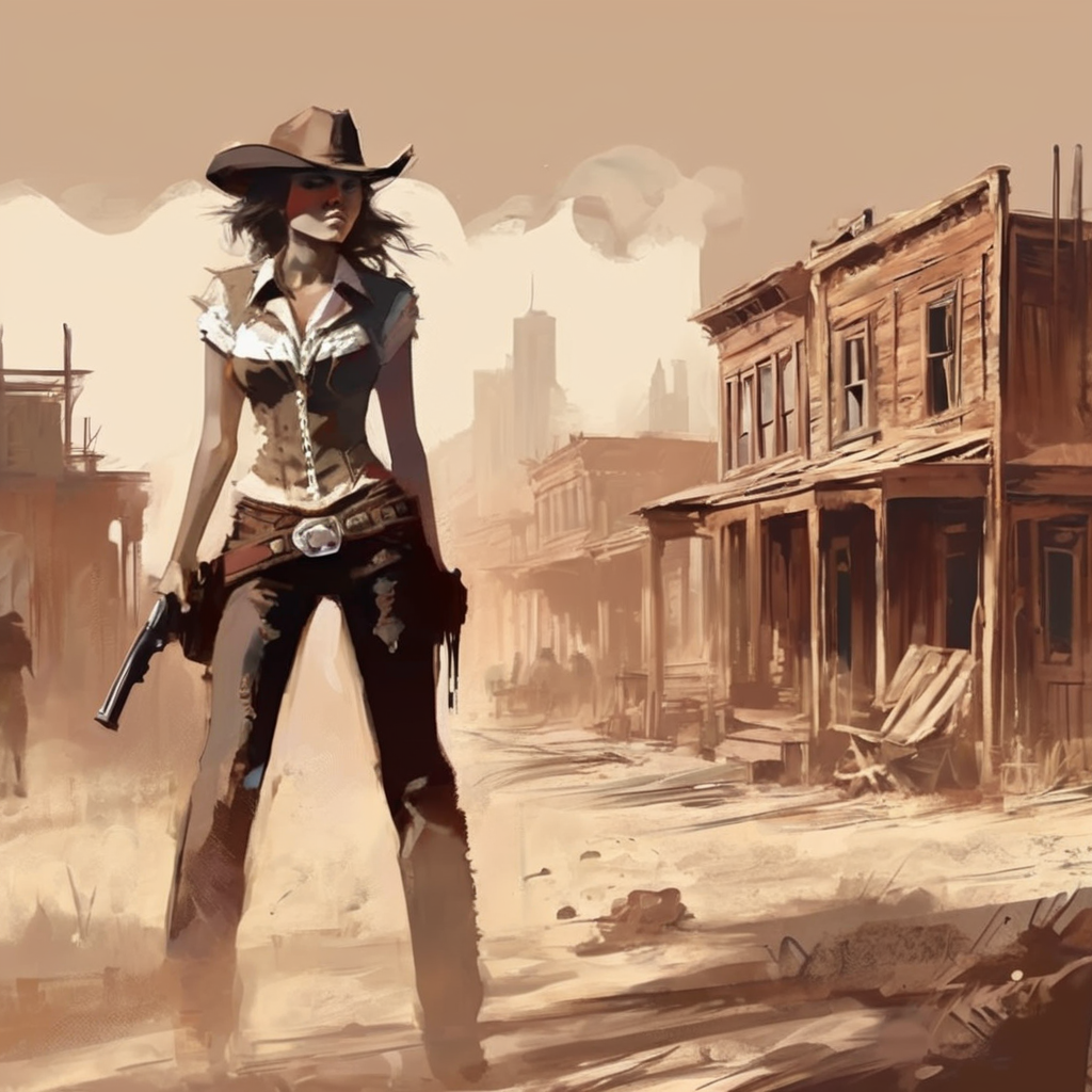 artmix06 cowboy girl in the wild west with buildings in the background,  cinematic, very detailed<lora:artmix06:1>