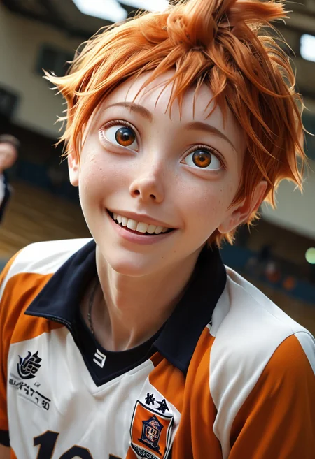 score 9, score 8, score 7, score 6, film grain, indoor, gym, camera angle, 1 boy, solo, hinata shoyo, orange hair, orange eyes, volleyball uniform, smile, looks up at the viewer <lora:shounen_zoomXL_ot_v4d-AMXL_V2 Score:0.95> <lora:Hinata_Shoyo:0,75>