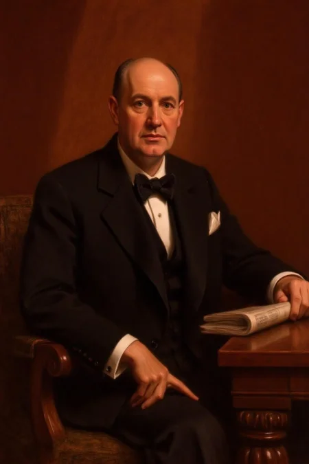 frankowensalisbury1 painting.
A formally dressed bald man seated in a wooden chair. He is wearing a dark suit with a white shirt and a black bow tie. A white pocket square is visible in the left breast pocket of the suit. He is holding a newspaper in his hand, which rests on a wooden desk. The background is a solid, warm brown color. <lora:frankowensalisbury1_cap_d8a4:1.0><lora:863242879710034209:0>