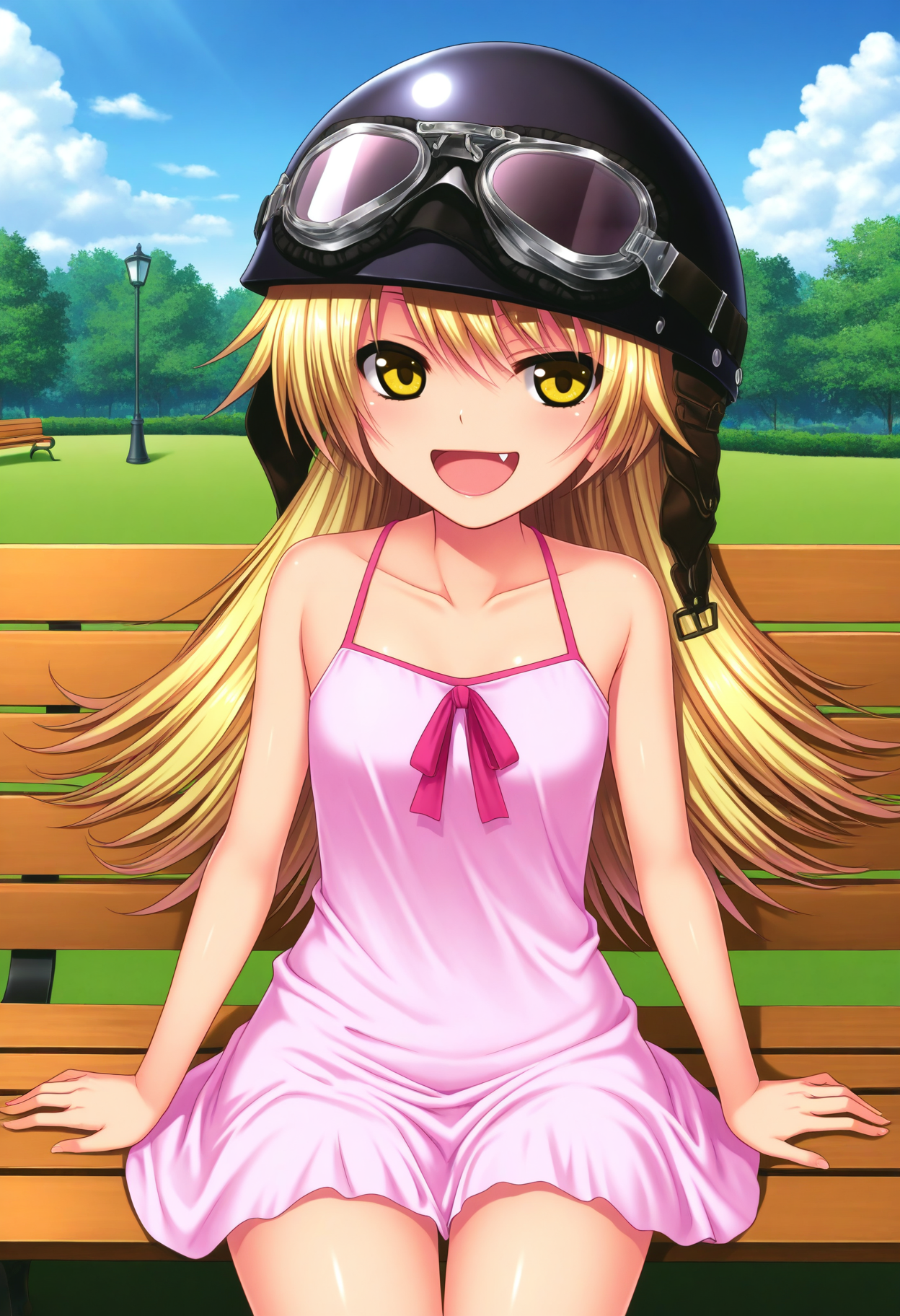 1girl, solo, looking at viewer, park bench, outdoors, sitting, smile, cowboy shot, open mouth, long blonde hair, pink dress, bare shoulders, yellow eyes, fang, black helmet, goggles on helmet,
BREAK outdoors, park bench, sky, day, cloud, <lora:shinobu_40010test_type_IL:1>shinobu_40010test_type
