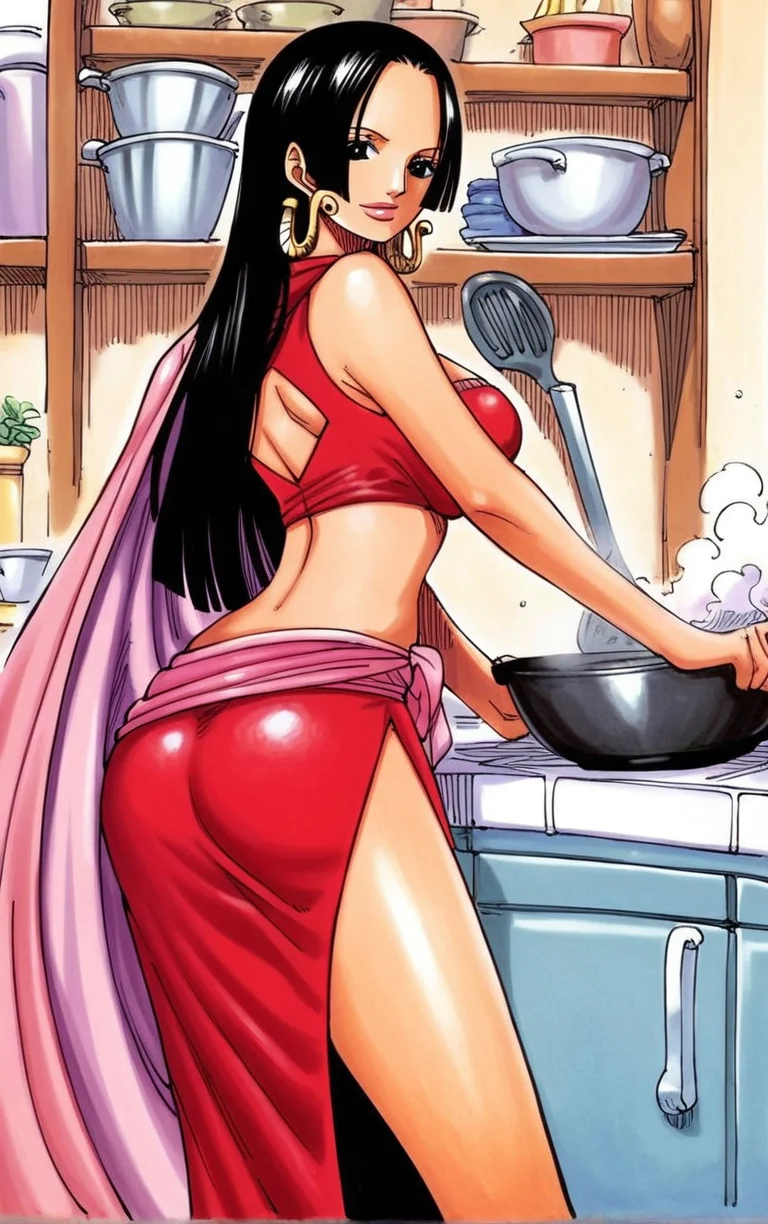 score_9, score_8_up, score_7_up, looking at viewer,  BREAK 
ARTSTYLE_OnePiece_MangaColored_ownwaifu, 
1girl, boa hancock, large breasts, long hair, black hair, jewelry, earrings, midriff, cape, cleavage, long legs, navel, side slit, crop top, no bra, black eyes,  groin,
(looking back, from behind, back), cooking, frying pan, kitchen, indoors, <lora:PONYXL_OnePiece_MangaColored_ownwaifu:0.8> , depth of field, solo,