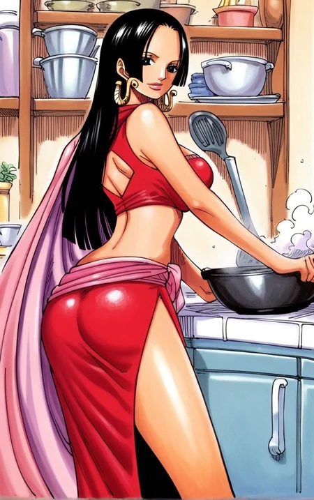score_9, score_8_up, score_7_up, looking at viewer, BREAK
ARTSTYLE_OnePiece_MangaColored_ownwaifu,
1girl, boa hancock, large breasts, long hair, black hair, jewelry, earrings, midriff, cape, cleavage, long legs, navel, side slit, crop top, no bra, black eyes, groin,
(looking back, from behind, back), cooking, frying pan, kitchen, indoors, <lora:PONYXL_OnePiece_MangaColored_ownwaifu:0.8> , depth of field, solo,