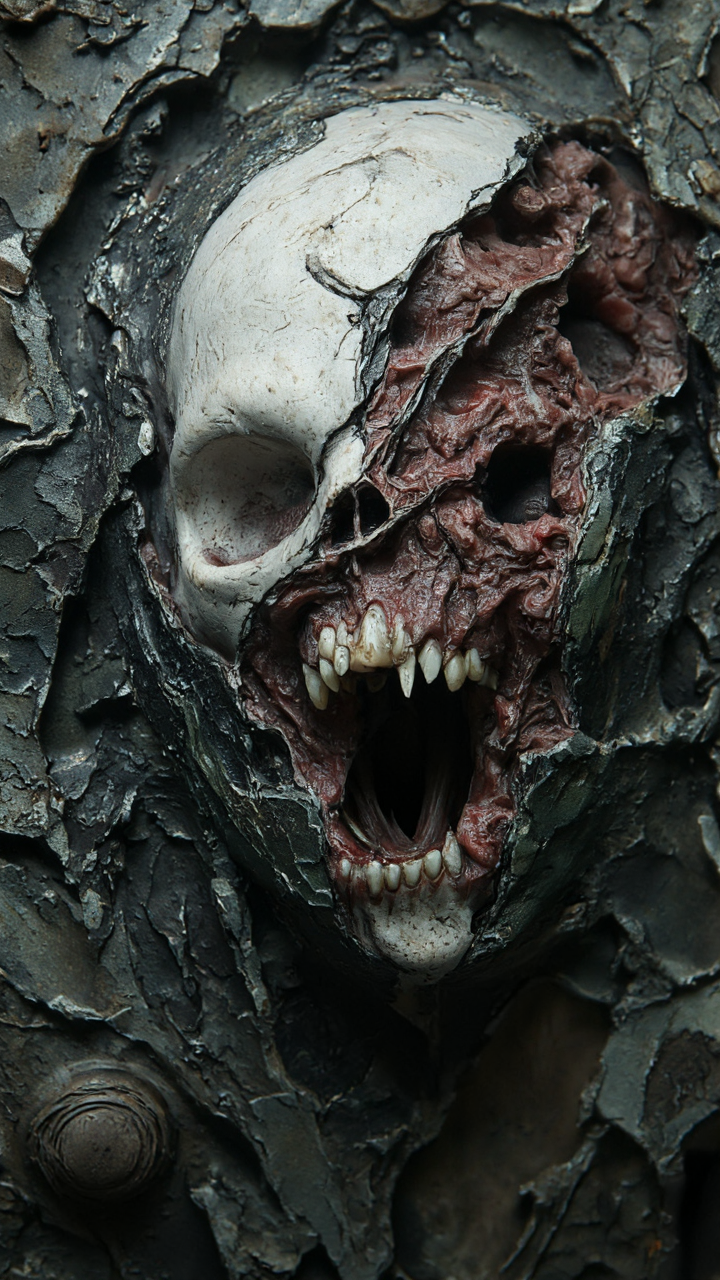 digital artwork, likely created using CGI, with a dark, eerie, and surrealistic style. The central focus is a human face, which appears to be in a state of decomposition, with large, gaping holes and cracks revealing raw, exposed flesh and bone. The face is pale and gaunt, with sunken eyes and a mouth agape in a scream or a silent cry. The face is framed by intricate, abstract patterns and lines that seem to be emanating from its skull, adding to the haunting atmosphere.The background is a chaotic, industrial landscape, with metallic textures and a gritty, mechanical feel. The colors are predominantly dark grays, blacks, and whites, with a hint of red and green in the cracks and patterns. The image is divided into multiple sections, creating a sense of fragmentation and disintegration. The overall composition is highly detailed and textured, with a focus on the macabre and the surreal. The artwork conveys a sense of horror and the uncanny, blending elements of science fiction and gothic art. The style is reminiscent of the work of H.R. Giger, known for his iconic designs in the "Alien" franchise.,aidmaimageupgrader, aidmaMJ6.1 <lora:aidmaMJ6.1-FLUX-v0.5:0.7> <lora:aidmaImageUprader-FLUX-v0.3:0.4>