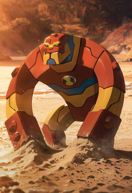 masterpiece, best quality, amazing quality, very aesthetic, absurdres, newest,, detailed background, 
 movie scene, cinematic scene, cinematic, 
bloxx, robot, mecha, solo, armor, green eyes,, massive arms, upper body, , big head, massive head, short legs, 
on beach, buried in sand, hands on sand, smile, teeth,