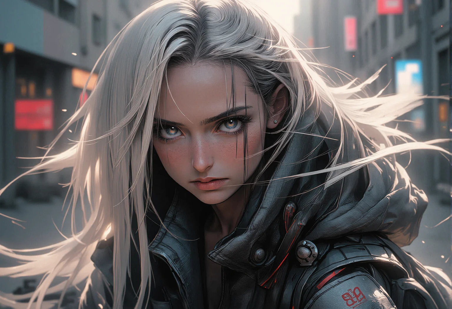 bv-anibrush, xslx scribble. A low angle shot of a strikingly beautiful young woman crouching low, her salt and pepper hair flowing forward as she prepares to leap into action. Dressed in dark, futuristic techwear with tactical straps and thigh holsters, her intense expression is lit by the faint glow of distant neon signs. The camera angle emphasizes her readiness and strength, capturing the scene from behind, highlighting her back as she prepares to move forward, <lora:bv-anibrush-v1-flux.safetensors:1.0:1.0> <lora:Risograph_Style_FLUX_by_Ethanar-000001.safetensors:1.0:1.0> <lora:scribble-flux-v1.safetensors:0.5:0.5>