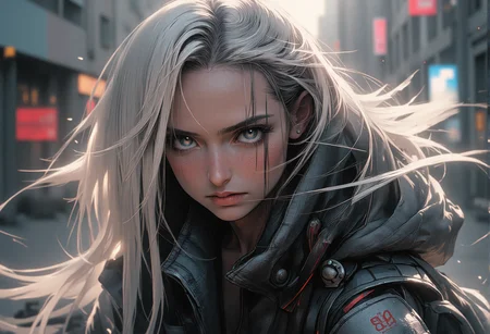 bv-anibrush, xslx scribble. A low angle shot of a strikingly beautiful young woman crouching low, her salt and pepper hair flowing forward as she prepares to leap into action. Dressed in dark, futuristic techwear with tactical straps and thigh holsters, her intense expression is lit by the faint glow of distant neon signs. The camera angle emphasizes her readiness and strength, capturing the scene from behind, highlighting her back as she prepares to move forward, <lora:bv-anibrush-v1-flux.safetensors:1.0:1.0> <lora:Risograph_Style_FLUX_by_Ethanar-000001.safetensors:1.0:1.0> <lora:scribble-flux-v1.safetensors:0.5:0.5>