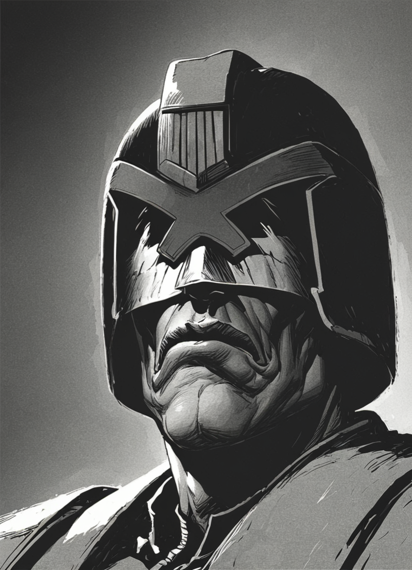 pencil drawing, man,jdgdrddcom, helmet, uniform, boots, grim expression, dark room, dark, hard shadows, monochrome, hard light, upper body portrait, manly, retro artstyle, city background,
 <lora:Judge_Dredd_Comic_Style_Pony_SDXL:0.8> <lora:Dark_Novel:0.8>, score_9, score_8_up, score_7_up,