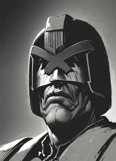 pencil drawing, man,jdgdrddcom, helmet, uniform, boots, grim expression, dark room, dark, hard shadows, monochrome, hard light, upper body portrait, manly, retro artstyle, city background,
<lora:Judge_Dredd_Comic_Style_Pony_SDXL:0.8> <lora:Dark_Novel:0.8>, score_9, score_8_up, score_7_up,