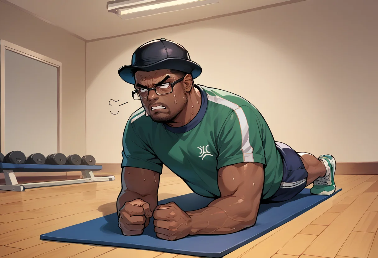 score_9, score_8_up, score_7_up, source_anime, 1boy, planking, exercise, clenched hands, <lora:Planking_XLPD:1>, gym uniform, sweat, annoyed, full body, anger vein, <lora:BigSmoke_XLPD:0.8> BigSmoke, black eyes, dark-skinned male, facial hair, glasses, black headwear,