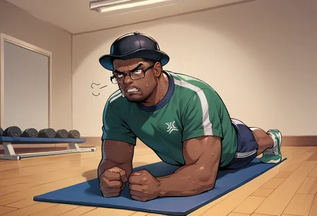 score_9, score_8_up, score_7_up, source_anime, 1boy, planking, exercise, clenched hands, <lora:Planking_XLPD:1>, gym uniform, sweat, annoyed, full body, anger vein,  <lora:BigSmoke_XLPD:0.8> BigSmoke, black eyes, dark-skinned male, facial hair, glasses, black headwear,