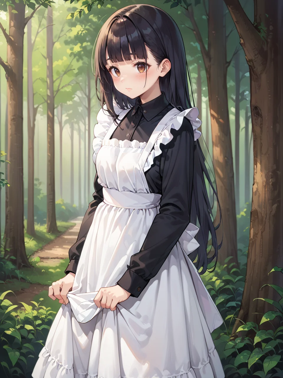 score_9, score_8_up, score_7_up, score_6_up, source_anime,
outdoor,trees,deep forest,  
 <lora:kaju_nukumizu_anime-soralz:0.7> 1girl,solo,kaju nukumizu, long hair, black hair, blunt bangs, brown eyes,(blush),clothes pull, 
<lora:l0ngm41dXLP:0.7>l0ngm41d, long sleeves, bow, apron, maid, frilled apron