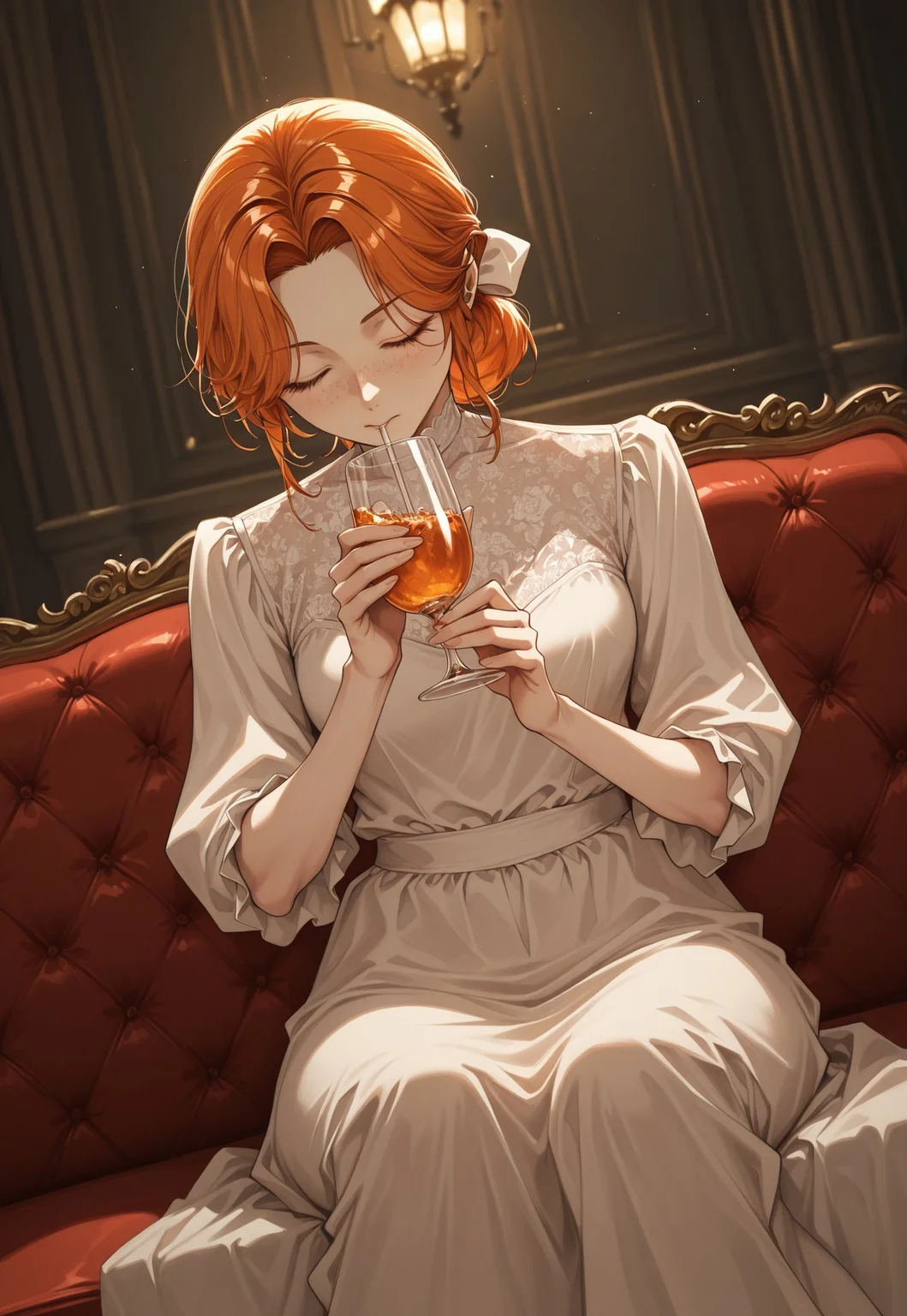 masterpiece, best quality, amazing quality, very aesthetic, absurdres, dynamic angle, ultra-detailed, highly detailed, cinematic lighting, realistic shading, BREAK, MinekuraStyle, BREAK
1girl, sitting, indoors, on couch, holding cup, closed eyes, drinking, white dress, elegant outfit, white hair bow, orange hair, freckles, pale skin, manor