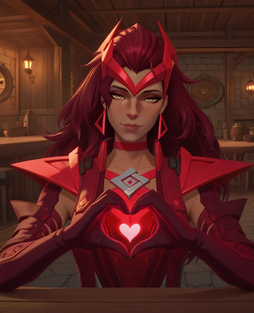 highres, absurdres, intricate detail, 3d, indoors, tavern, <lora:Wanda_ILLUS_2:1> , sc1, 1girl, red hair, long hair, green eyes, elbow gloves, shoulder pads, earrings, dark-skinned female, dress, headgear, heart hand, table, looking at viewer, freckles, portrait, half-closed eyes, light smile,