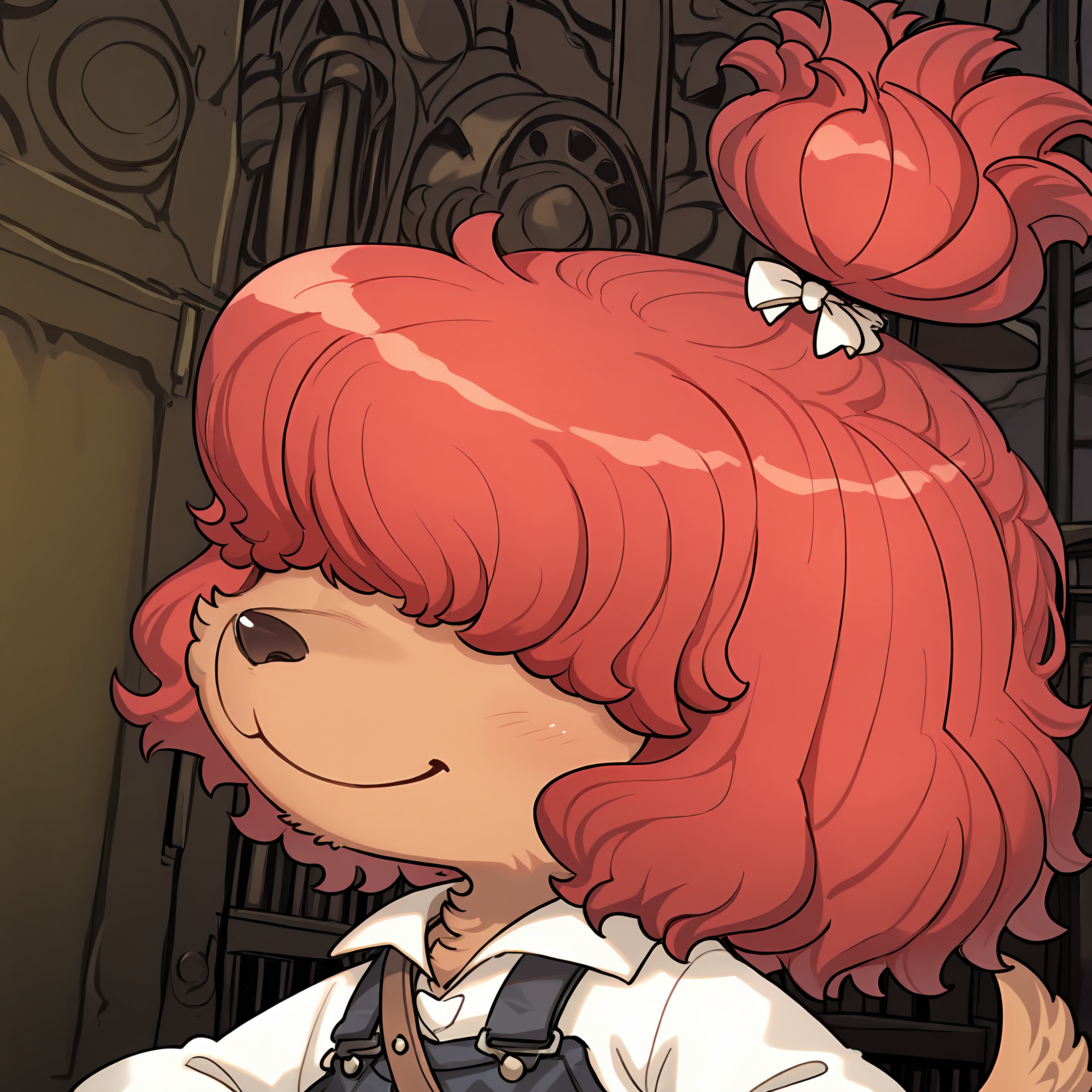 BREAK, <lora:Wappa_Charlotte:1>, Wappa Charlotte, Fuga: Melodies of Steel, kemono, furry female, young female, 1girl, dog girl, tan fur, hair over eyes, red hair, bangs, dog tail, Fuga 1 appearance, topknot, ponytail, hair bow,
BREAK, Fuga 1 Outfit, baggy overalls, white blouse, long sleeves, brown satchel, shoulder bag,
BREAK, solo, face focus, close-up, looking away, smile, head tilt,