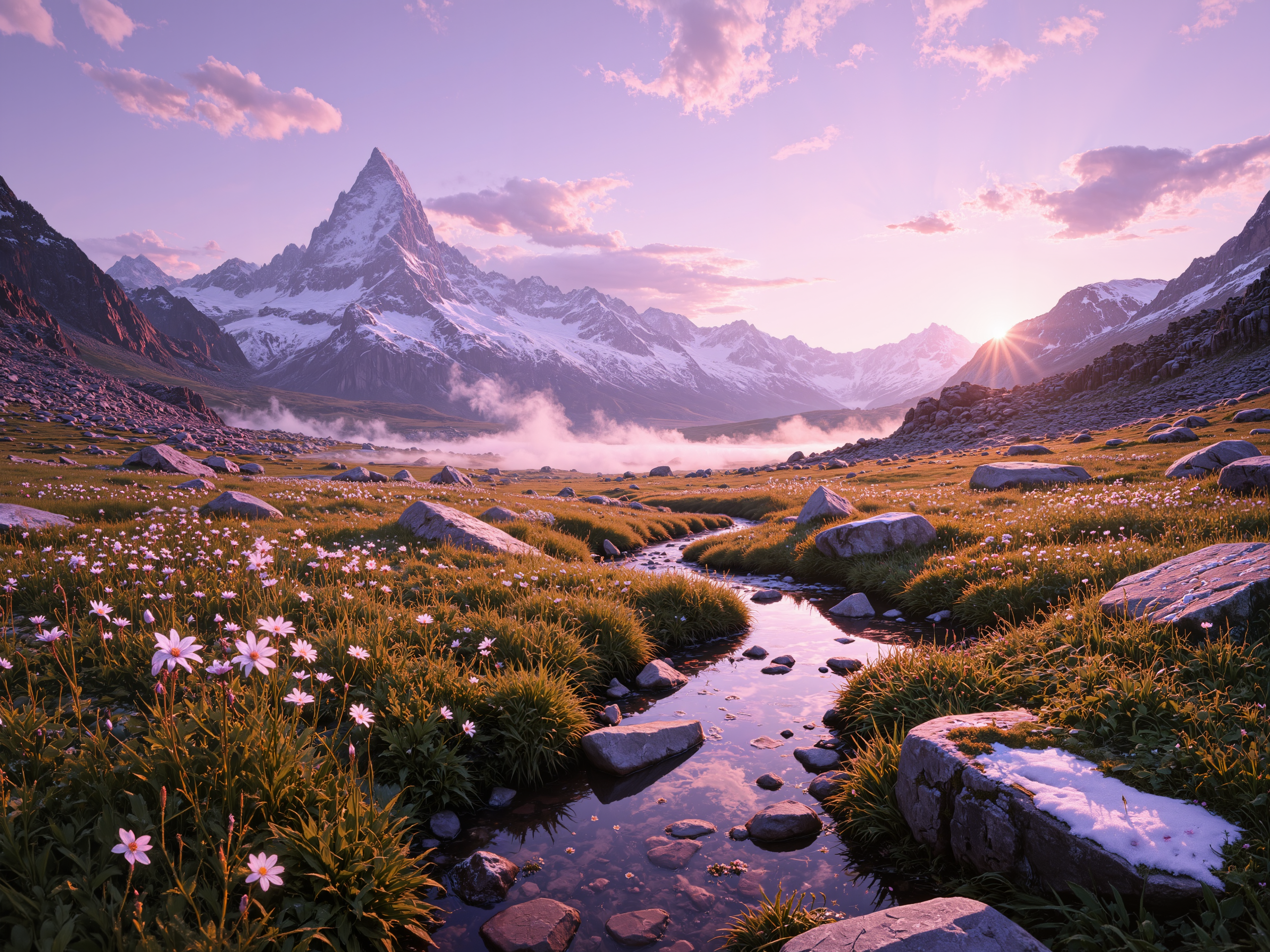Ethereal alpine meadow bathed in soft twilight glow, delicate wildflowers in pastel hues dotting the landscape, rocky outcrops dusted with snow, wispy clouds catching last light, gentle mist hovering above grass, distant silhouettes of majestic mountains, crystal-clear mountain stream reflecting purple sky, golden hour illumination, intricate details of flora, macro view of dewdrops on petals, subtle movement of tall grasses, 8k resolution, photorealistic rendering, atmospheric depth, rich textures, perfect composition, soft bokeh effect, hyper-detailed, masterpiece quality <lora:sxz-Dark-Fantasy-v2-Flux:0.3> <lora:FluxMythAn1meL1nes:1.0> <lora:Improved Amateur Realism:0.7> <lora:flux_dev:1>