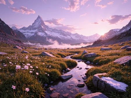 Ethereal alpine meadow bathed in soft twilight glow, delicate wildflowers in pastel hues dotting the landscape, rocky outcrops dusted with snow, wispy clouds catching last light, gentle mist hovering above grass, distant silhouettes of majestic mountains, crystal-clear mountain stream reflecting purple sky, golden hour illumination, intricate details of flora, macro view of dewdrops on petals, subtle movement of tall grasses, 8k resolution, photorealistic rendering, atmospheric depth, rich textures, perfect composition, soft bokeh effect, hyper-detailed, masterpiece quality <lora:sxz-Dark-Fantasy-v2-Flux:0.3> <lora:FluxMythAn1meL1nes:1.0> <lora:Improved Amateur Realism:0.7> <lora:flux_dev:1>