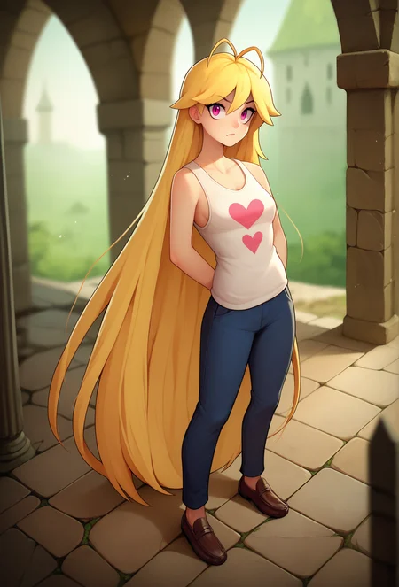 score_9, score_8_up, score_7_up, score_6_up, score_5_up, score_4_up, <lora:marblesoda_style_ponyXL_v1.2:1> marblesodastyle, (depth of field:1), mansion,cave, green background,
1girl, solo, human, yellow hair, mullet, very long hair, antenna hair, single hair intake, tank top, pants, loafers, leaning backwards, dutch angle, pink eyes, looking at viewer, raised eyebrow