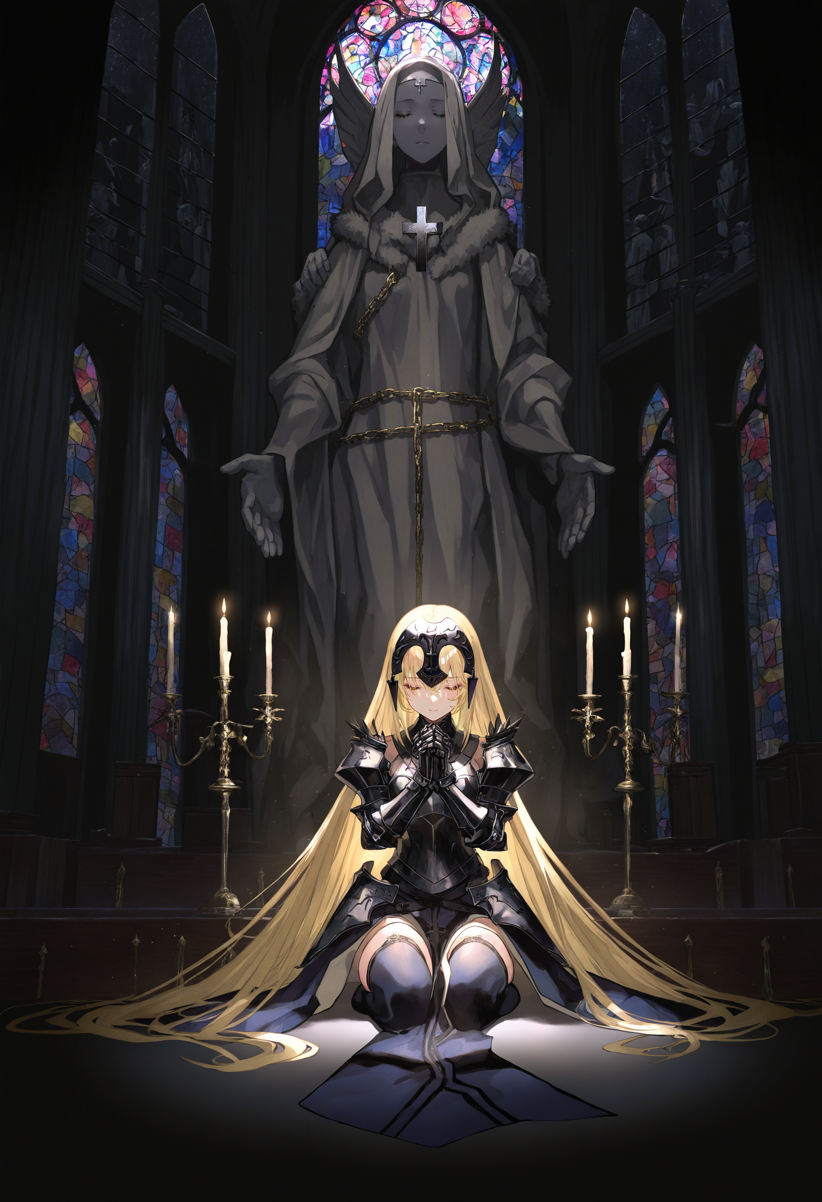 artist:[yoneyama mai|fuzichoco|diyokama|lack|lam \(ramdayo\)]
1girl, church, cross, blonde hair, solo, thighhighs, headpiece, stained glass, very long hair, indoors, praying, seiza, armored dress, yellow eyes, fur trim, statue, gauntlets, candlestand, flag, window, chain, kneeling, closed eyes, dark, black background, black theme,
masterpiece, best quality, very awa, absurdres
<lora:noobai_vpred_1_masterpieces_v1:1>