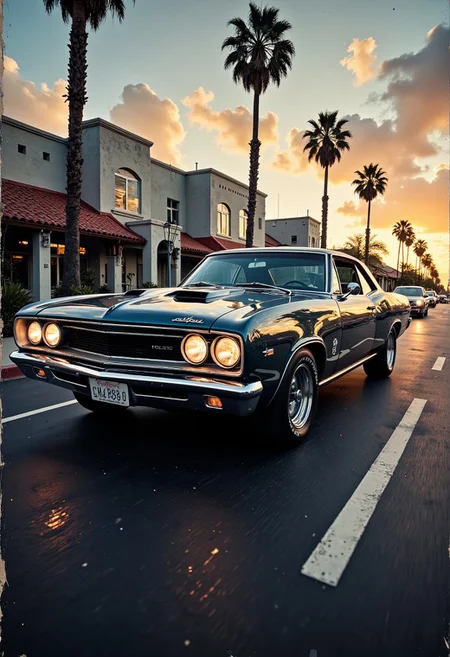 A nostalgically crafted relic of the past, a meticulously restored deep Monochrome pearlescent classic 60's muscle car cruises through the dusk streets with an intimidating elegance. The vintage vehicle gleams with a lustrous sheen, showcasing its aerodynamic lines and sharp accents as it cruises along the asphalt. This evocative scene is captured in a vividly detailed oil painting, where every brushstroke highlights the car's classic styling and pristine condition. Impeccably rendered, this image transports viewers to a bygone era of automotive luxury and style. secretlab