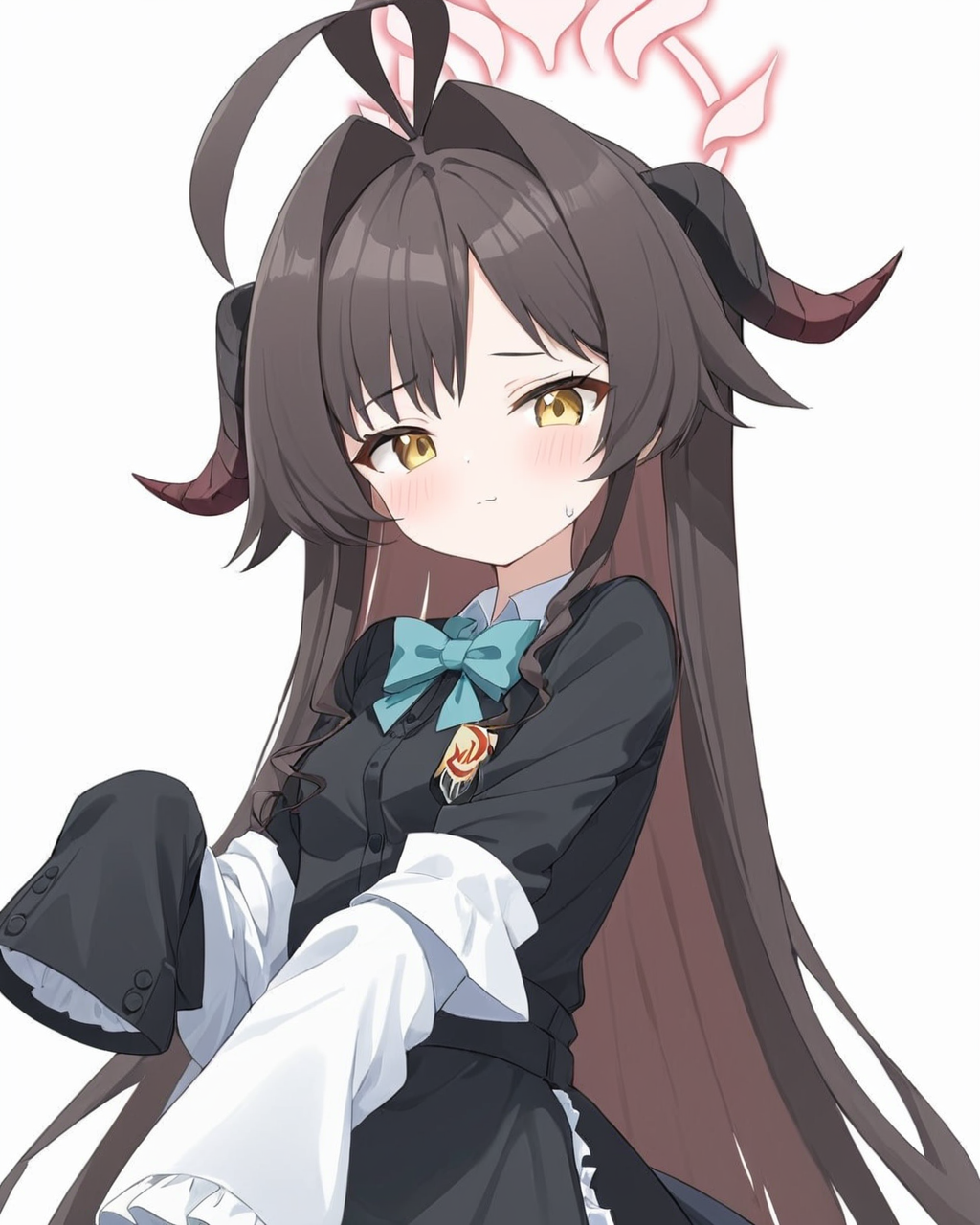 kasumi \(blue archive\),1girl, halo, solo, maid_headdress, horns, sleeves_past_fingers, ahoge, long_sleeves, bowtie, blush, simple_background, enmaided, looking_at_viewer, white_background, black_dress, frills, hair_intakes, sweatdrop, buttons, white_apron, closed_mouth
<lora:kasumi_(blue_archive)_image991_2023-11-28:1>halo. gorgeous,key visual, vibrant, studio anime,award-winning, professional, highly detailed,high budget, cinemascope