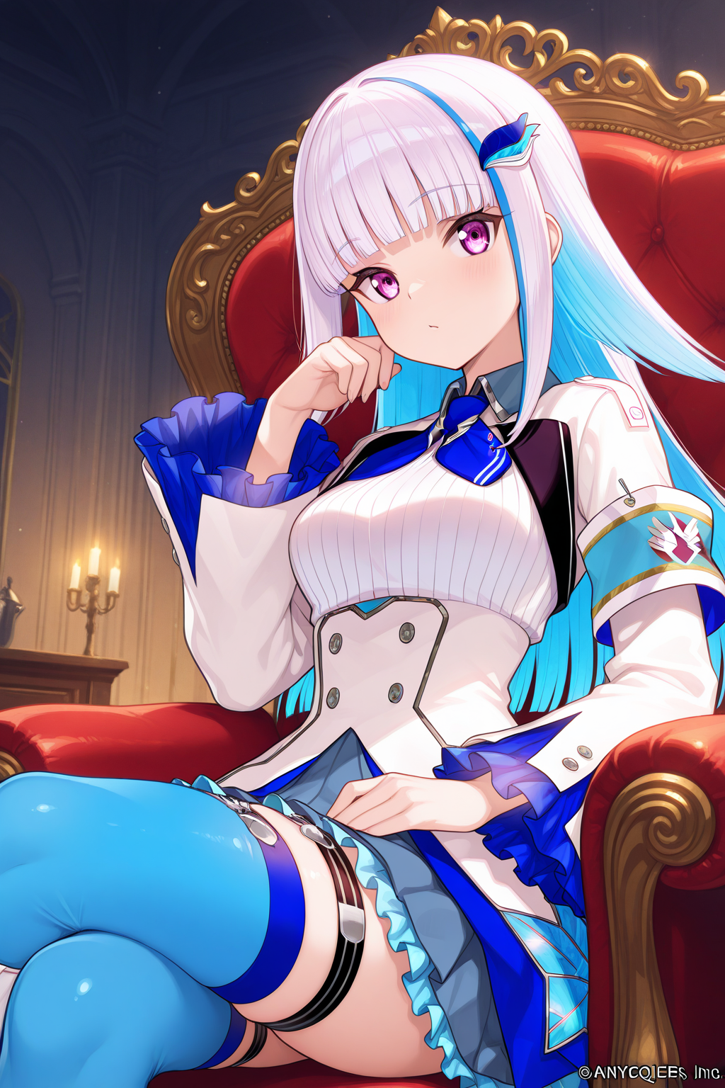 1girl, LizeHelestaNijisanji, 
general, solo, dynamic angle,
purple eyes, 
relaxing,
sitting, crossed legs,
long hair, white jacket,
frilled sleeves, armband, 
blue necktie,
collared shirt, large breasts,
frilled skirt, thigh strap, blue thighhighs,
indoors, in the castle, room, chair,
<lora:kp_LizeHelestaNijisanji1stCostumeIllustrious_v1_0:1.0>,
masterpiece, best quality, amazing quality